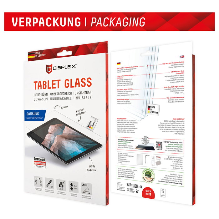 Displex 01938 - Protector de Pantalla de Vidrio Templado 9H para Samsung Galaxy Tab A11+/A9+, Transparente, Anti-huellas, Incluye Kit de Limpieza