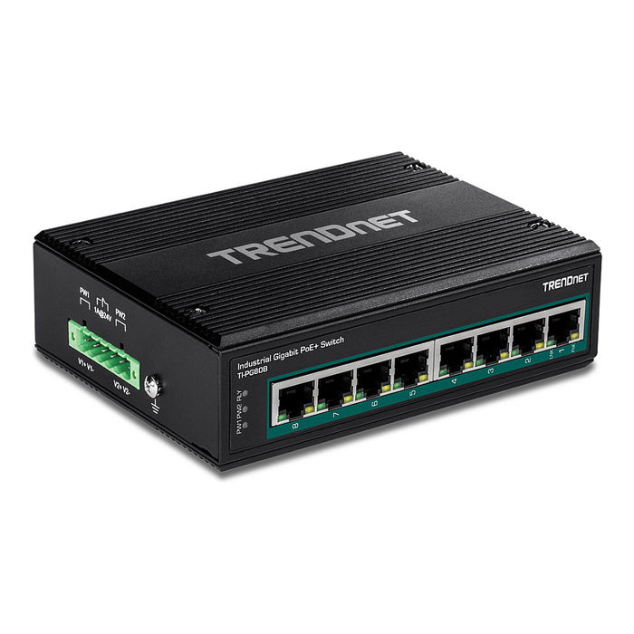TRENDnet TI-PG80B Switch Industrial Gigabit 8 Puertos PoE+ 200W, Montaje en Carril DIN IP30 (-40 a 75 grados C)