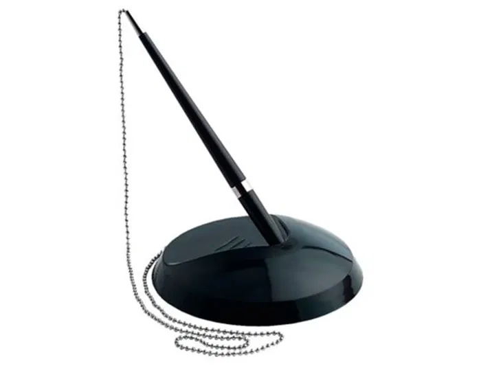 Q-connect Bolígrafo Extensible con Cadena Metálica y Soporte Adhesivo, Tinta Azul, Trazo 0,7 mm