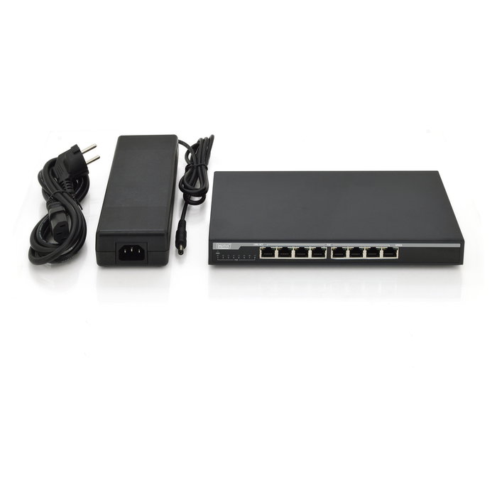 Digitus Conmutador Gigabit PoE de 8 Puertos 10/100/1000 Mbps No Administrado, Negro, 16 Gbit/s, 30 W por Puerto, IEEE 802.3at