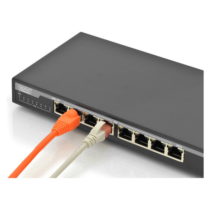 Digitus Conmutador Gigabit PoE de 8 Puertos 10/100/1000 Mbps No Administrado, Negro, 16 Gbit/s, 30 W por Puerto, IEEE 802.3at