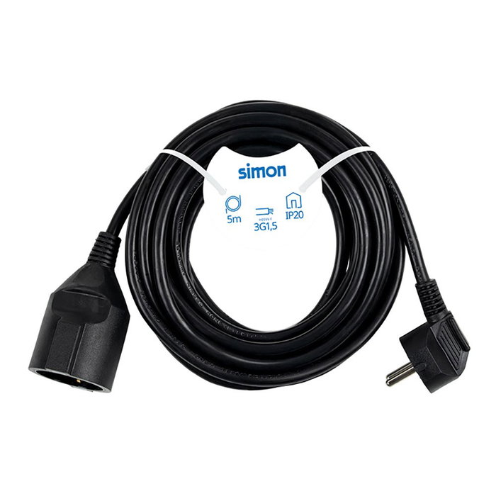 Simon Prolongador con 1 toma, 5 m, Negro