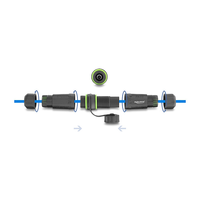 DeLOCK Conector de cables hembra DC 5,5 x 2,1 mm a hembra DC 5,5 x 2,1 mm con rosca M20x1,5 mm y tapa, compatible con Starlink
