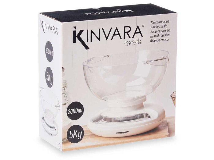 Kinvara Báscula de Cocina 5Kg con Recipiente 2000ml, Plástico ABS y PS, Medidas 26x17.5x22.5cm (Set de 8)