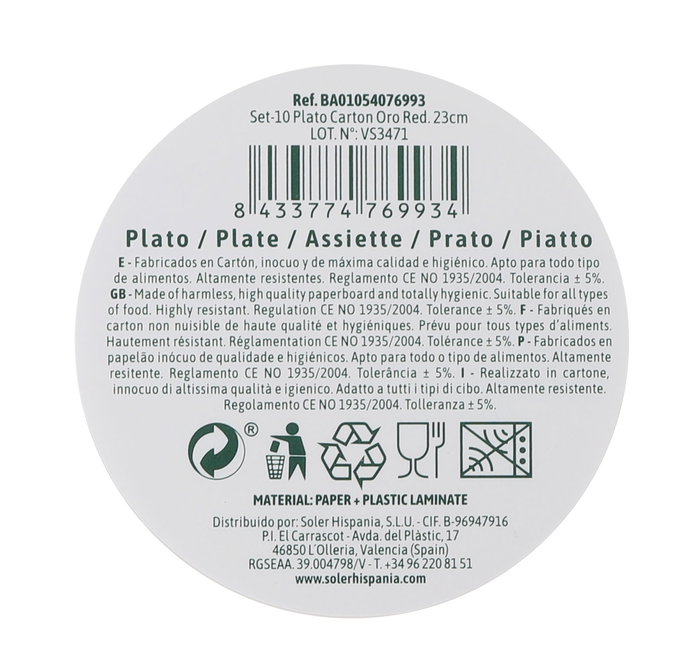Algon Set 10 Platos Cartón Oro Redondos 23 cm (18 Unidades)