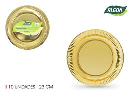 Algon Set 10 Platos Cartón Oro Redondos 23 cm (18 Unidades)