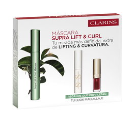 Clarins Supra Lift & Curl Máscara de Pestañas Estuche 3 Piezas - Alarga, Riza y Aporta Volumen, Resistente al Agua, con Tratamiento y Aceite de Labios