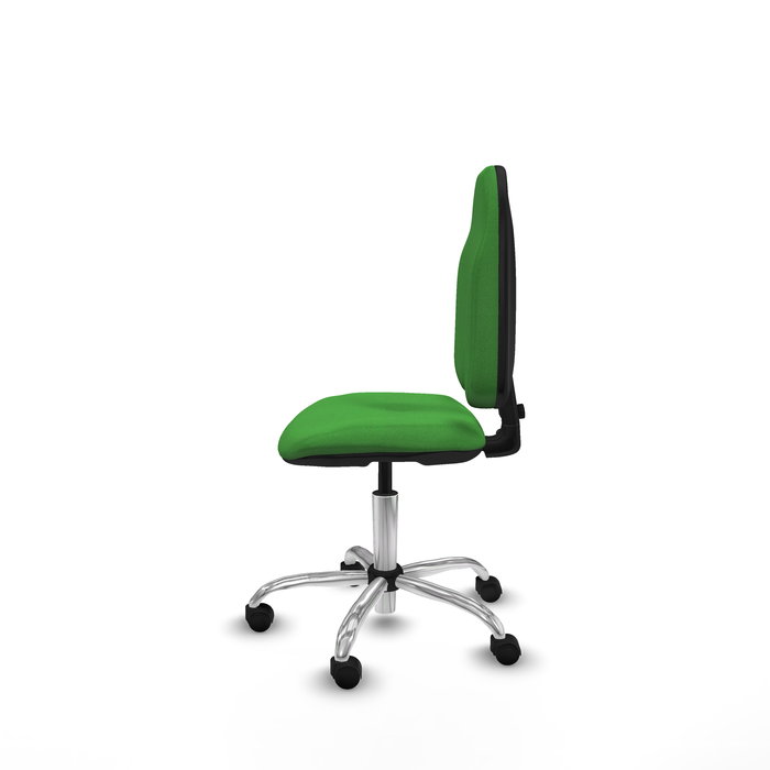 Silla de oficina Algarra con mecanismo Contacto permanente básico tapizada con Tela color Verde. Equipada con Base cromada, Sin brazos y Ruedas de nailon 50 mm