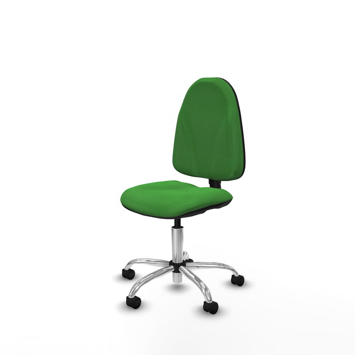 Silla de oficina Algarra con mecanismo Contacto permanente básico tapizada con Tela color Verde. Equipada con Base cromada, Sin brazos y Ruedas de nailon 50 mm