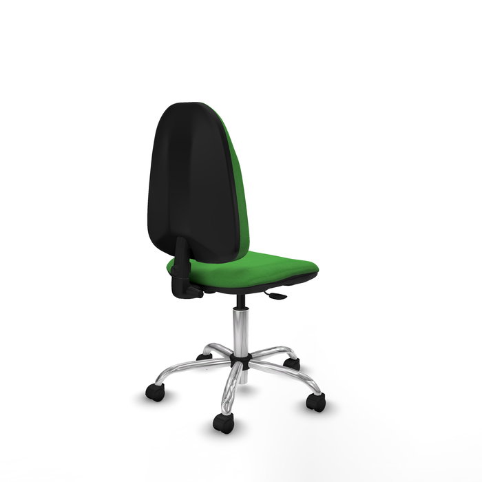 Silla de oficina Algarra con mecanismo Contacto permanente básico tapizada con Tela color Verde. Equipada con Base cromada, Sin brazos y Ruedas de nailon 50 mm