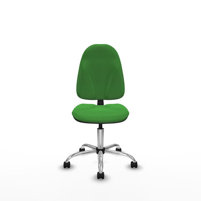 Silla de oficina Algarra con mecanismo Contacto permanente básico tapizada con Tela color Verde. Equipada con Base cromada, Sin brazos y Ruedas de nailon 50 mm