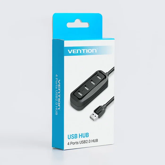 Vention VAS-J43-B050 Hub USB 2.0, 4 Puertos, Velocidad 480 Mbps, Cable de 0.5m, Negro