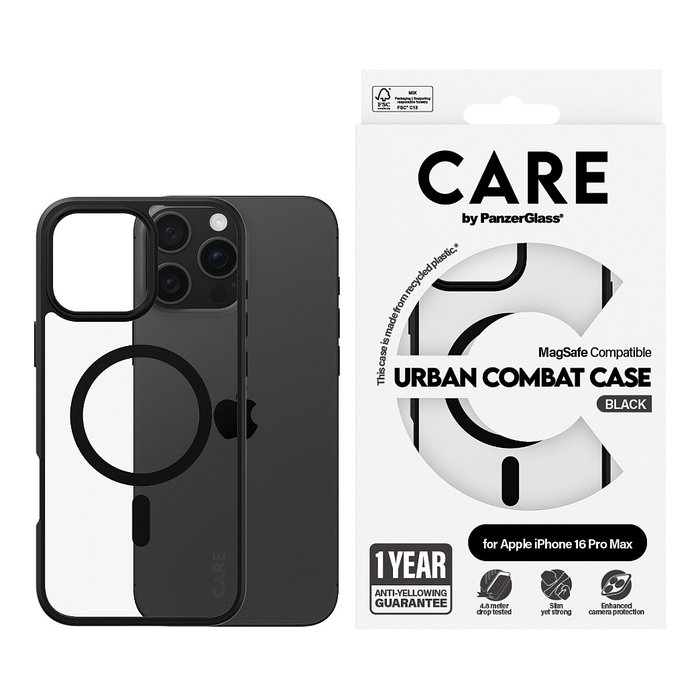 Care CARE by PanzerGlass Flagship Case Transparente con Marco Negro y MagSafe para iPhone 16 Pro Max