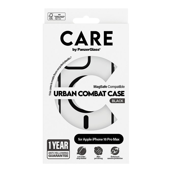 Care CARE by PanzerGlass Flagship Case Transparente con Marco Negro y MagSafe para iPhone 16 Pro Max