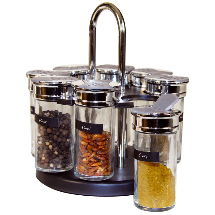 Cook Concept Especiero con 8 Botes de Vidrio y Tapas de Doble Dosificado, Base Negra, Giratorio 19x20 cm Cook Concept Especiero con 8 Botes de Vidrio y Tapas de Doble Dosificado, Base Negra, Giratorio 19x20 cm