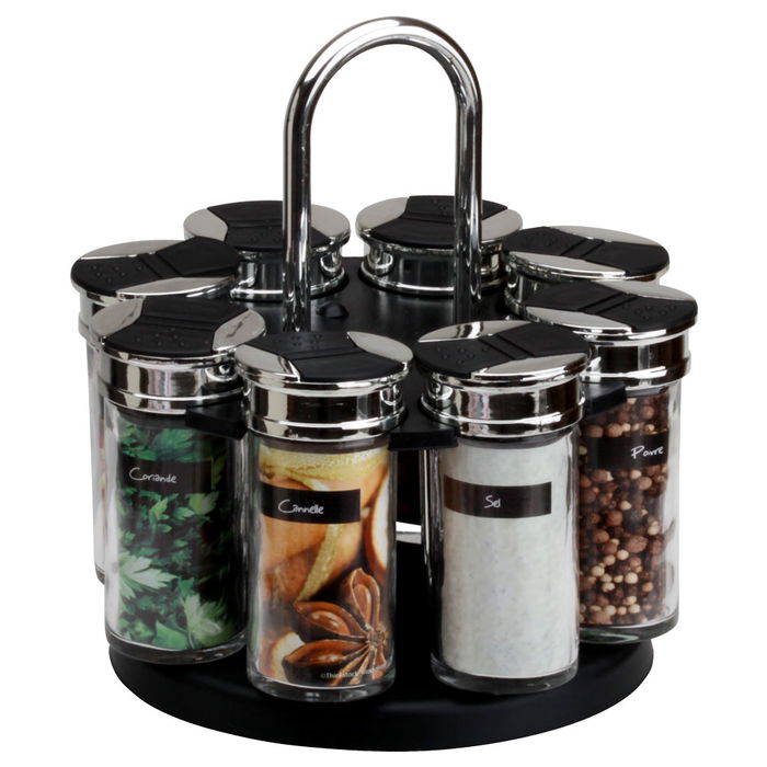 Cook Concept Especiero con 8 Botes de Vidrio y Tapas de Doble Dosificado, Base Negra, Giratorio 19x20 cm Cook Concept Especiero con 8 Botes de Vidrio y Tapas de Doble Dosificado, Base Negra, Giratorio 19x20 cm