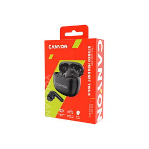 Canyon TWS-5 Auriculares Inalámbricos Bluetooth Negro, True Wireless, Resistencia IP33, 7.5 Horas de Batería, Para Llamadas, Música y Deporte, 20-20000 Hz