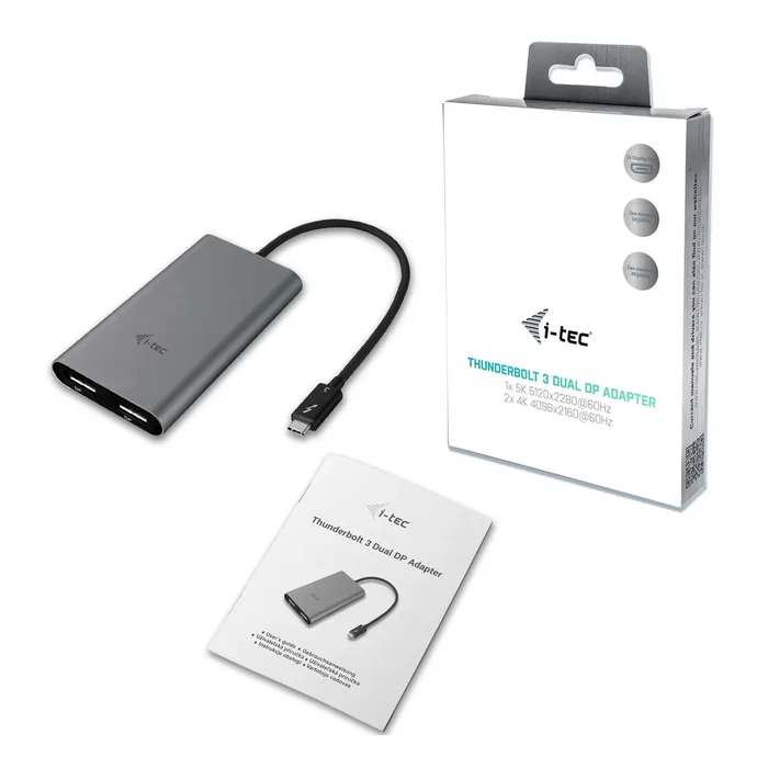 i-tec TB3DUAL4KDP Adaptador Gráfico Thunderbolt 3 a Dual DisplayPort, Soporta 5K 5120x2880 o 2x 4K 4096x2160 @ 60Hz para MacBook Pro, Dell XPS, HP, Lenovo - Gris