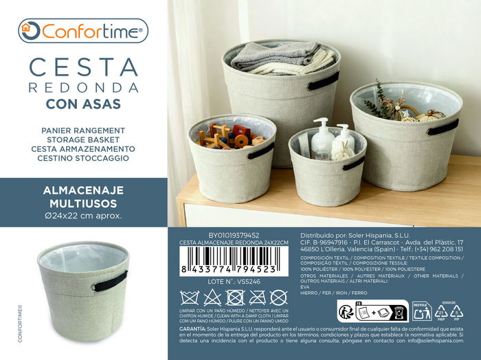 Inde Cesta de Almacenaje Redonda, Multiusos, Organizador de Tela, 24 cm x 22 cm x 7.6 cm, Color Beige (12 Unidades)