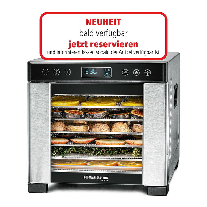 Rommelsbacher DA 650 Dörrautomat, Deshidratador de Alimentos 650W, 7 Bandejas, Área 5000 cm², LCD, Temporizador 99h, Acero Inoxidable, Negro