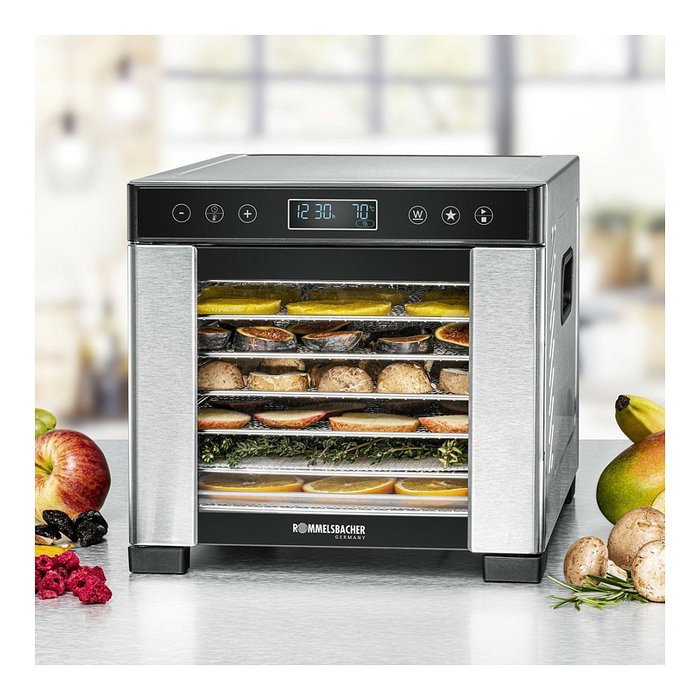 Rommelsbacher DA 650 Dörrautomat, Deshidratador de Alimentos 650W, 7 Bandejas, Área 5000 cm², LCD, Temporizador 99h, Acero Inoxidable, Negro