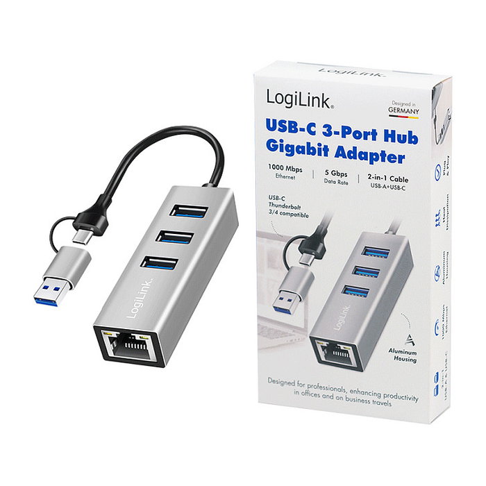 LogiLink Hub USB 3.2 Gen1 con 3 puertos y adaptador Gigabit Ethernet, USB-A+C, aluminio