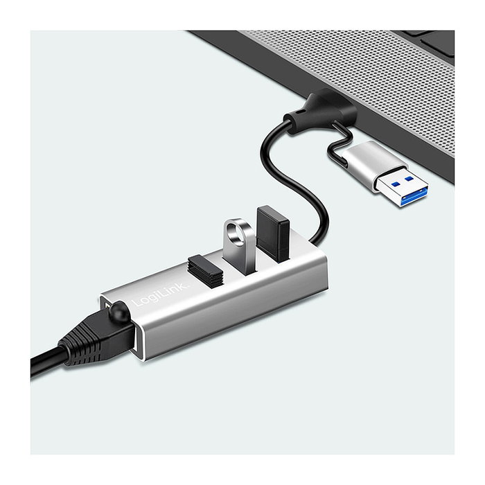 LogiLink Hub USB 3.2 Gen1 con 3 puertos y adaptador Gigabit Ethernet, USB-A+C, aluminio