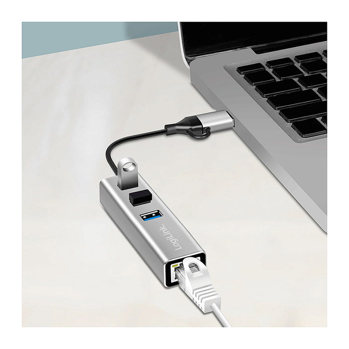 LogiLink Hub USB 3.2 Gen1 con 3 puertos y adaptador Gigabit Ethernet, USB-A+C, aluminio