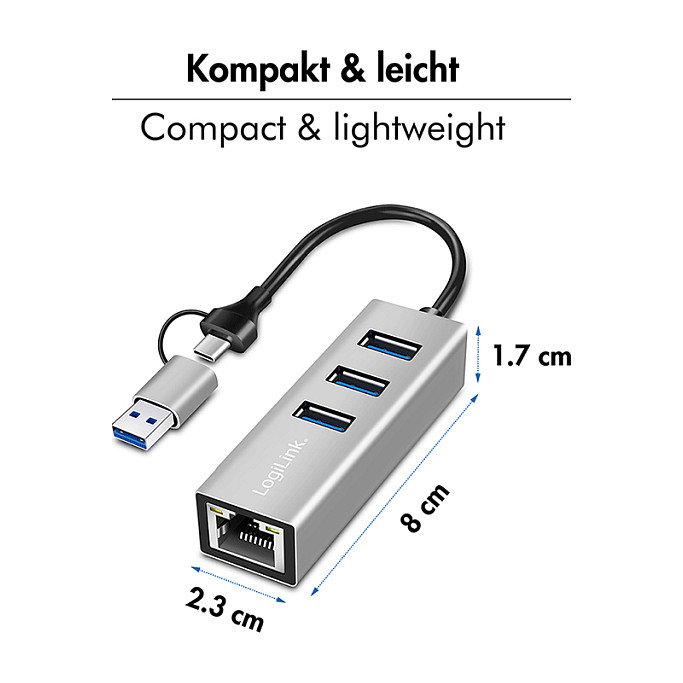 LogiLink Hub USB 3.2 Gen1 con 3 puertos y adaptador Gigabit Ethernet, USB-A+C, aluminio
