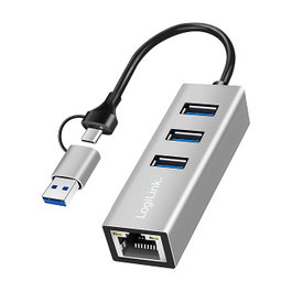 LogiLink Hub USB 3.2 Gen1 con 3 puertos y adaptador Gigabit Ethernet, USB-A+C, aluminio