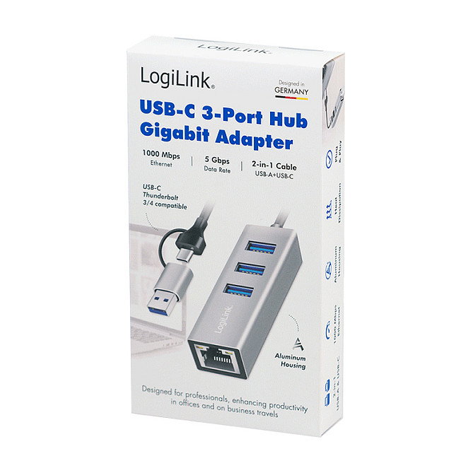 LogiLink Hub USB 3.2 Gen1 con 3 puertos y adaptador Gigabit Ethernet, USB-A+C, aluminio