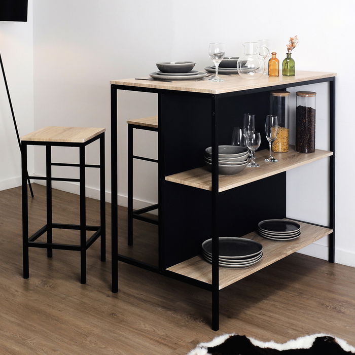 Home Deco Factory Mesa Isla con 2 Taburetes Essentiel Madera MDF y Hierro 100x60 cm