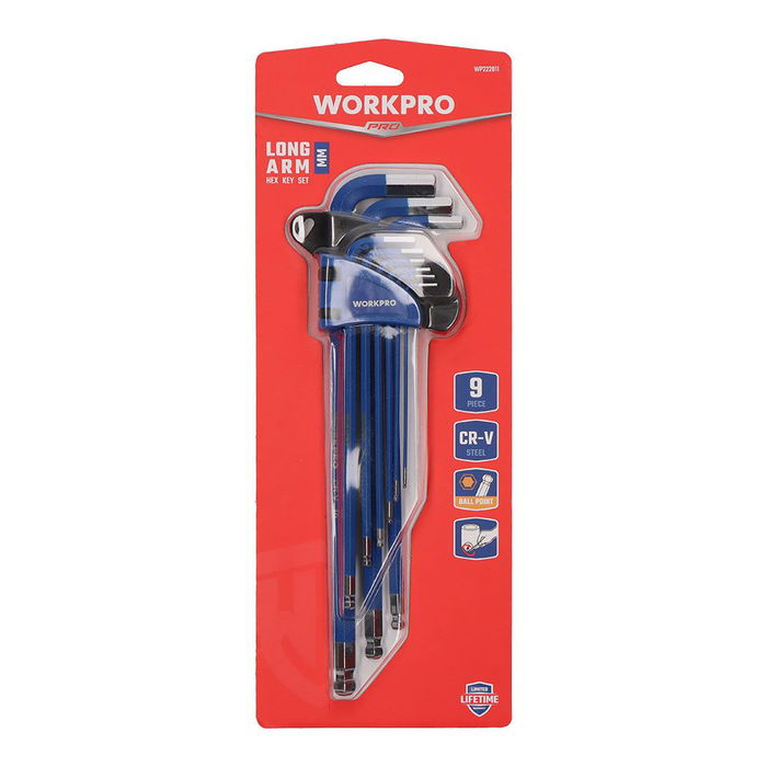 Workpro Juego Llaves Allen Largas Hexagonales Métrico 9 Piezas Punta Bola Acero Cromo-Vanadio Azul