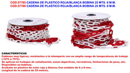 Cadena de plástico roja/blanca bobina 25 m 6 mm