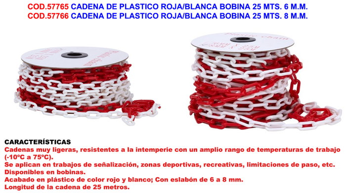 Cadena de plástico roja/blanca bobina 25 m 6 mm Cadena de plástico roja/blanca bobina 25 m 6 mm
