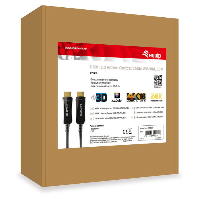 EQUIP Cable HDMI Óptico Activo 119430, HDMI 2.0, 30m, 4K 60Hz, HDR, Ethernet, ARC, Negro EQUIP Cable HDMI Óptico Activo 119430, HDMI 2.0, 30m, 4K 60Hz, HDR, Ethernet, ARC, Negro