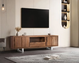 Giner y Colomer Mueble TV Acacia Natural con Metal Plateado 4 Puertas 1 Cajón