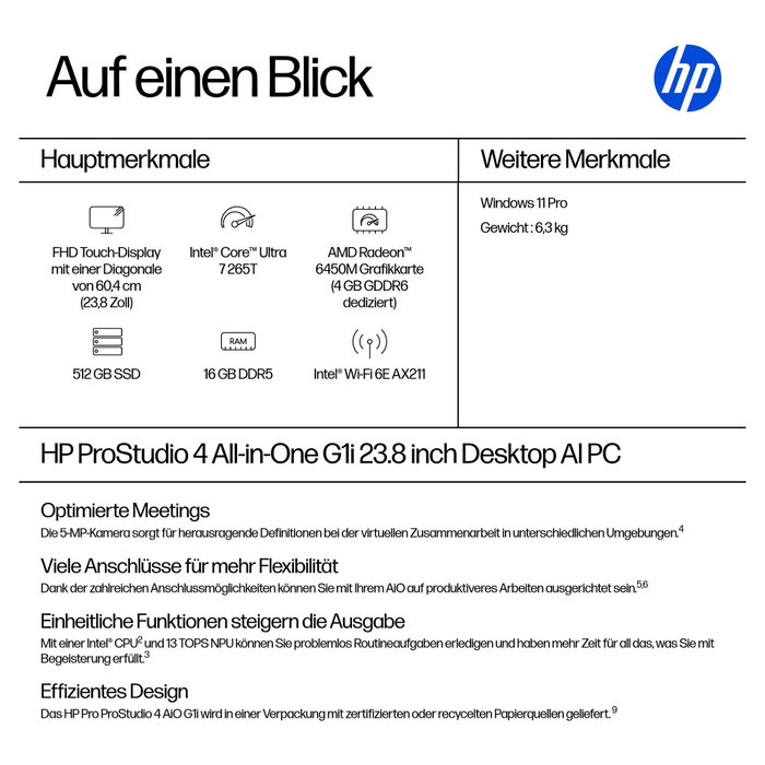 HP Pro Studio 4 AiO Intel Core Ultra 7 265T 23,8'' FHD 16GB 512GB SSD W11P