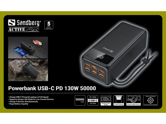Sandberg Powerbank USB-C PD 130W 50000mAh, Batería Externa Alta Velocidad con Carga Rápida para Móviles y Portátiles
