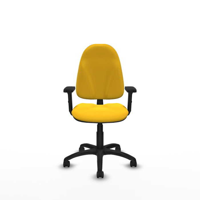 Silla de oficina Algarra con mecanismo Contacto permanente básico tapizada con Similpiel color Amarillo. Equipada con Base poliamida negra, Brazos 2D y Ruedas de parqué Silla de oficina Algarra con mecanismo Contacto permanente básico tapizada con Similpiel color Amarillo. Equipada con Base poliamida negra, Brazos 2D y Ruedas de parqué