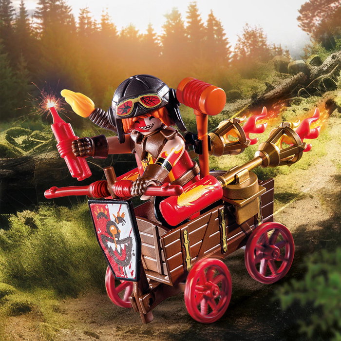 PLAYMOBIL 71486 Carro de Carreras de Kahboom, Figurita de Caballero Bufón de Novelmore con Dinamita y Antorchas, Juguete de Construcción para Niños a Partir de 4 Años