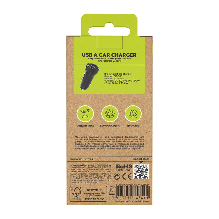 muvit for change cargador coche USB 2.4A 12W negro