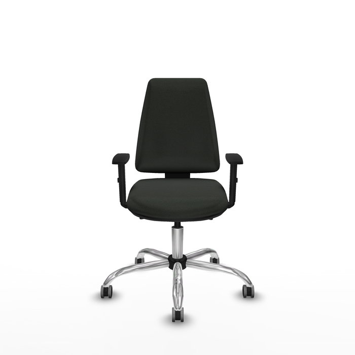 Silla de oficina Elche con mecanismo Asincro tapizada con Tela color Negro. Equipada con Base cromada, Brazos 1D y Ruedas 65 mm parqué