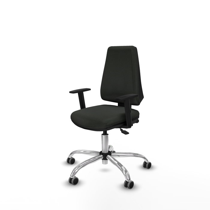 Silla de oficina Elche con mecanismo Asincro tapizada con Tela color Negro. Equipada con Base cromada, Brazos 1D y Ruedas 65 mm parqué