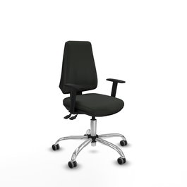 Silla de oficina Elche con mecanismo Asincro tapizada con Tela color Negro. Equipada con Base cromada, Brazos 1D y Ruedas 65 mm parqué
