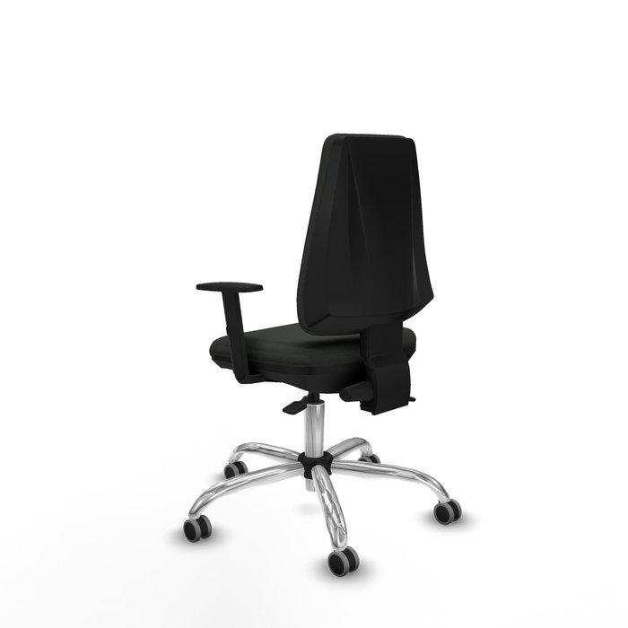 Silla de oficina Elche con mecanismo Asincro tapizada con Tela color Negro. Equipada con Base cromada, Brazos 1D y Ruedas 65 mm parqué