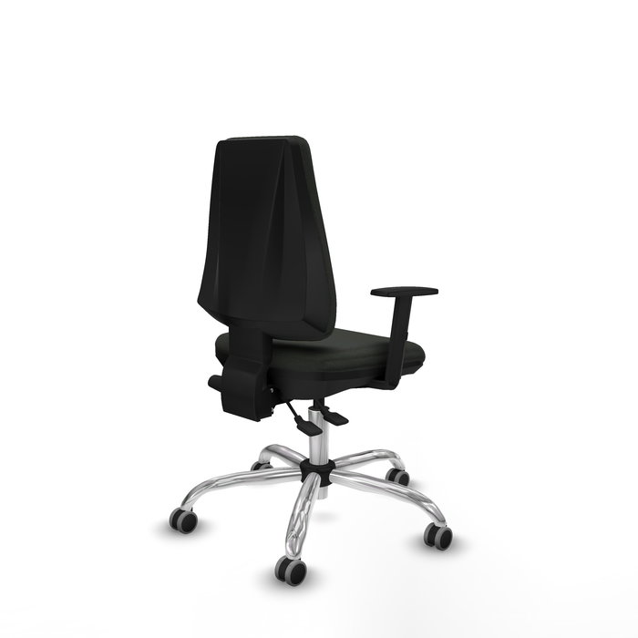 Silla de oficina Elche con mecanismo Asincro tapizada con Tela color Negro. Equipada con Base cromada, Brazos 1D y Ruedas 65 mm parqué