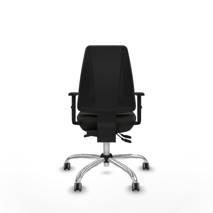 Silla de oficina Elche con mecanismo Asincro tapizada con Tela color Negro. Equipada con Base cromada, Brazos 1D y Ruedas 65 mm parqué