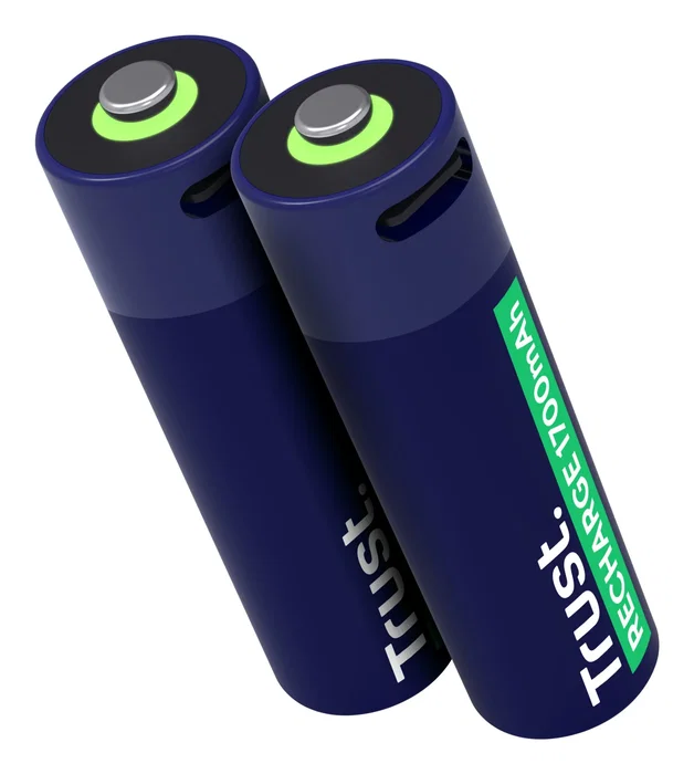 Trust Batería Recargable AA 1700 mAh con Carga USB-C, Pack de 2 Unidades, 800 Ciclos, Indicador Luz, Referencia 25584