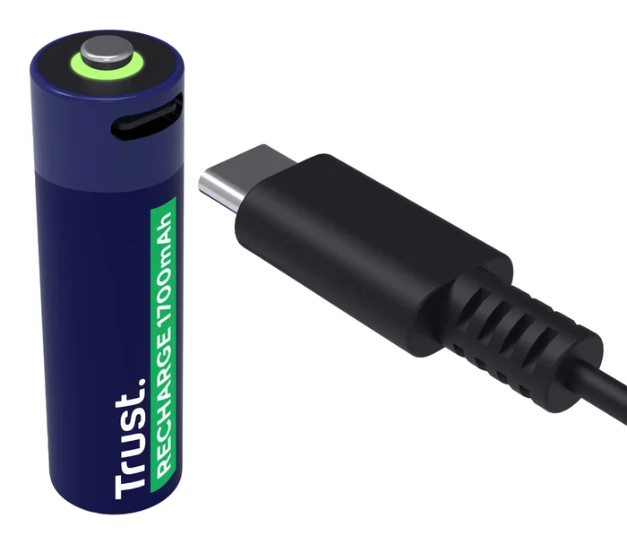 Trust Batería Recargable AA 1700 mAh con Carga USB-C, Pack de 2 Unidades, 800 Ciclos, Indicador Luz, Referencia 25584